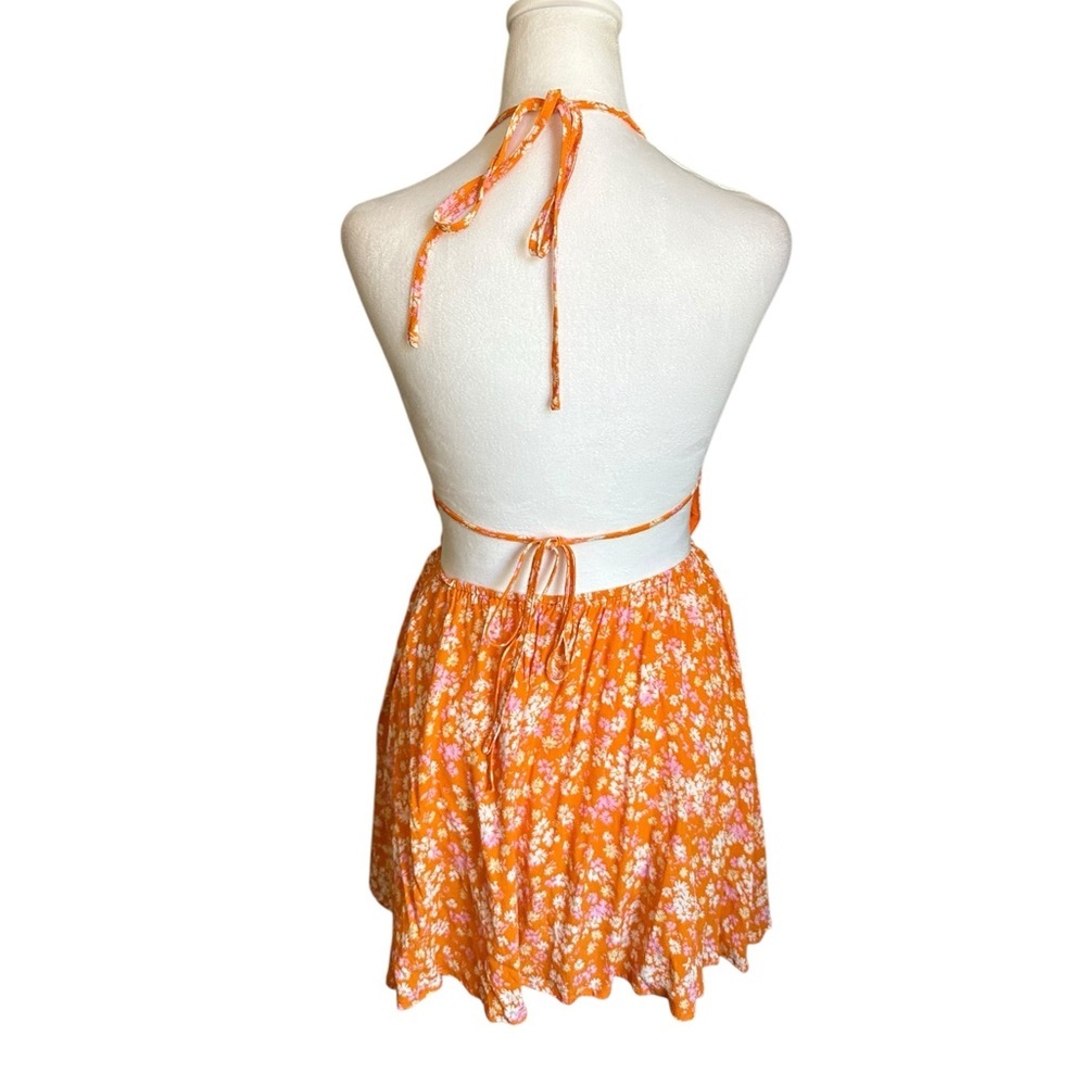 Sky To Moon Floral Cut Out Tie Back Orange Mini Dress Size L - Picture 3 of 17